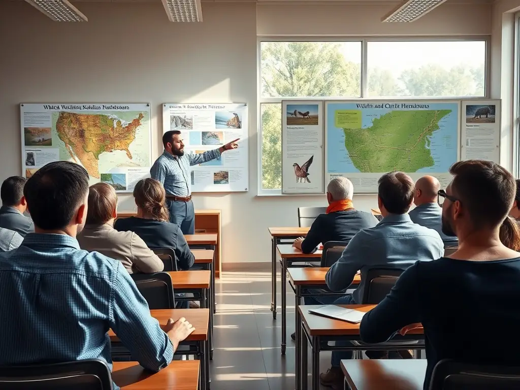 A classroom setting where ACCA instructors are teaching a course on ethical hunting practices and wildlife conservation to a group of new members.