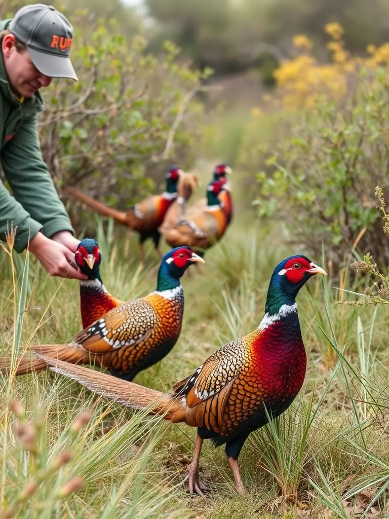 Image of ACCA members releasing pheasants into a managed habitat, showcasing the organization's commitment to game species enhancement.