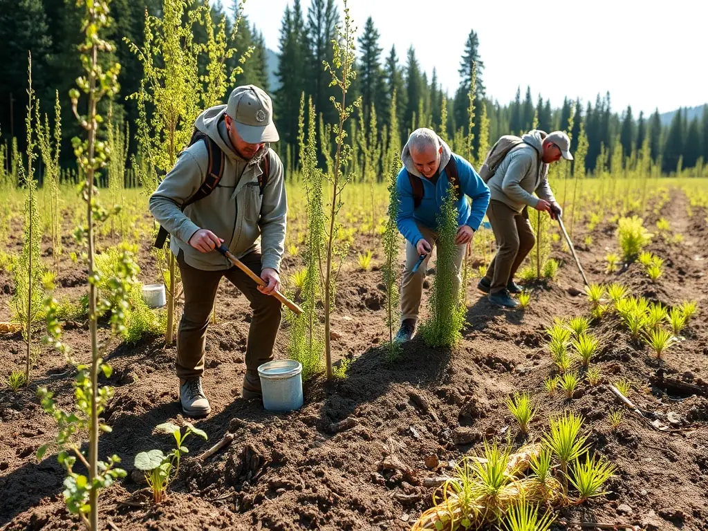 An image depicting a group of ACCA members participating in a habitat restoration project, planting trees and clearing invasive species.