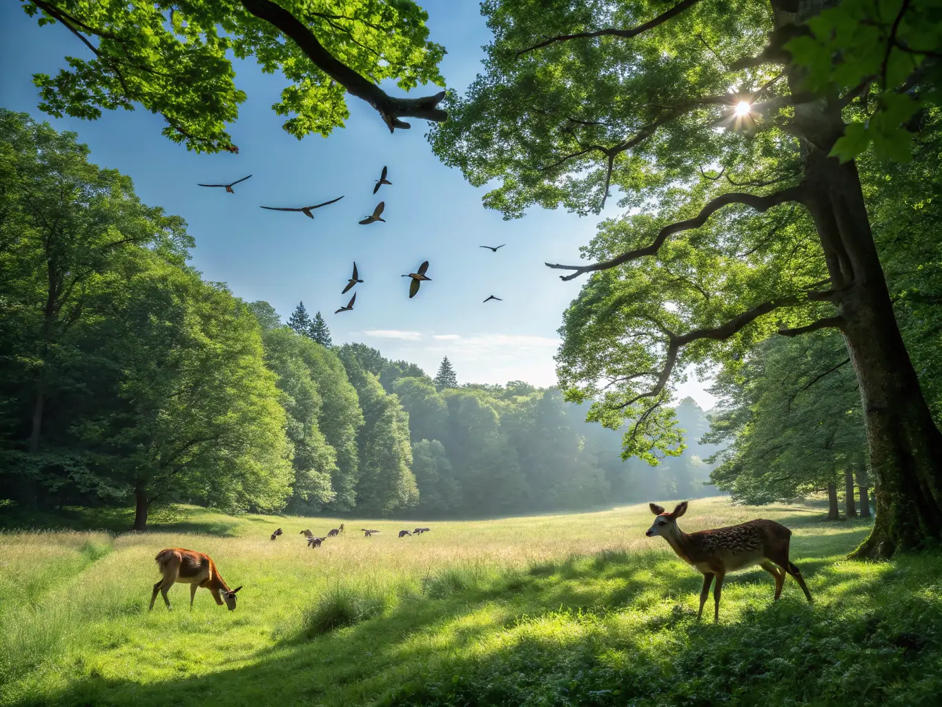 A scenic image of a lush forest with wildlife, showcasing healthy habitats and conservation efforts, representing the organization's commitment to wildlife management and conservation.